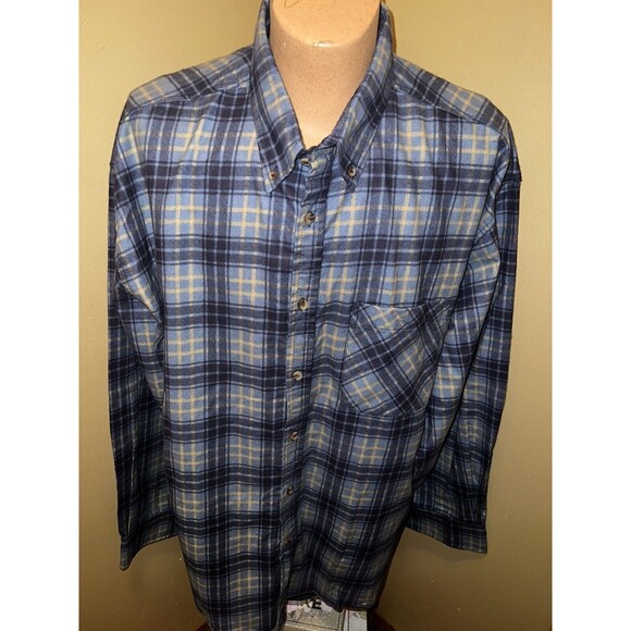 Other - Highland Outfitters Men's 3XL Long Sleeve Cotton Flannel Shirt Blue Tan Plaid